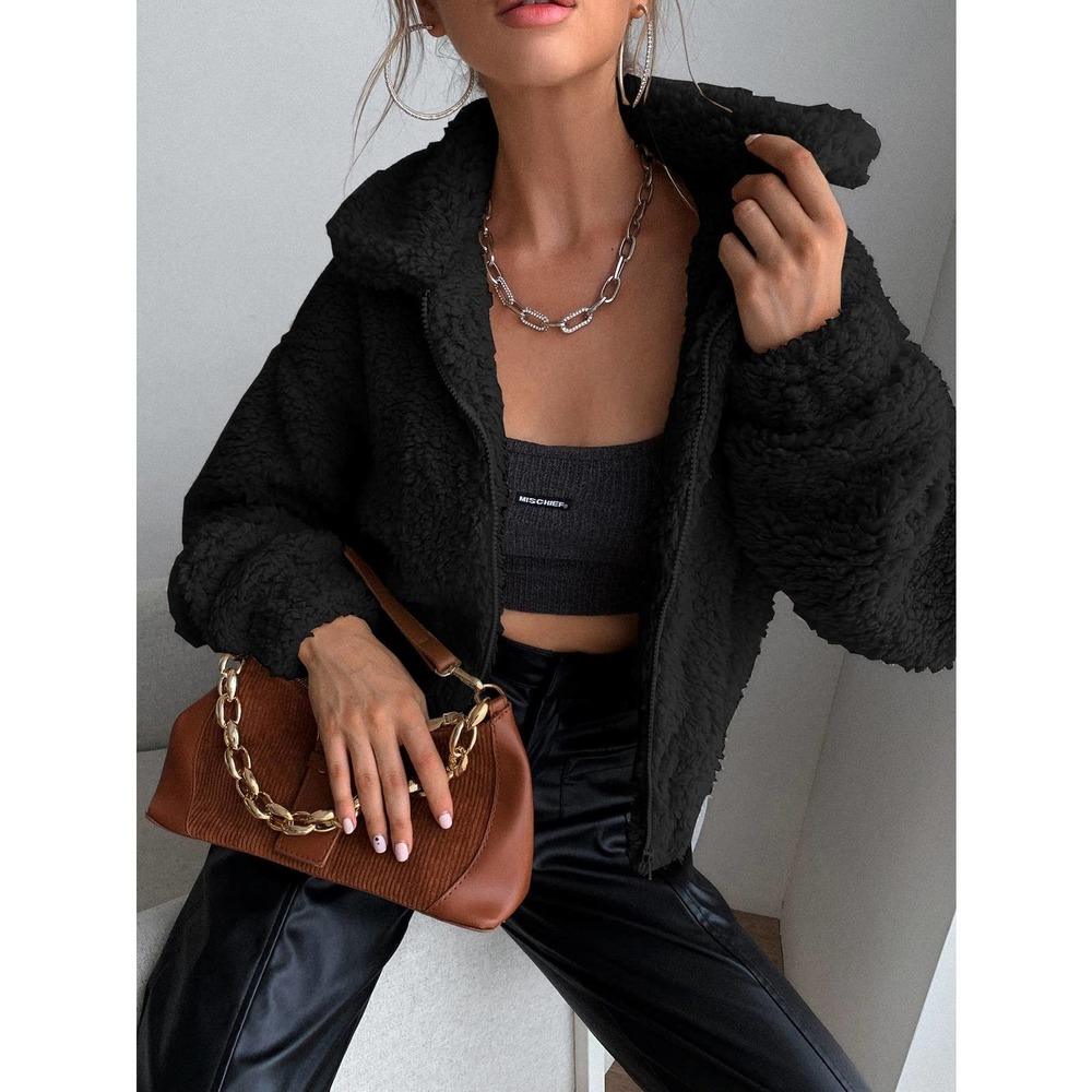 Zip Up Drop Shoulder Fleece faux fur fuzzy teddy Jacket tan camel - Picture 9 of 9